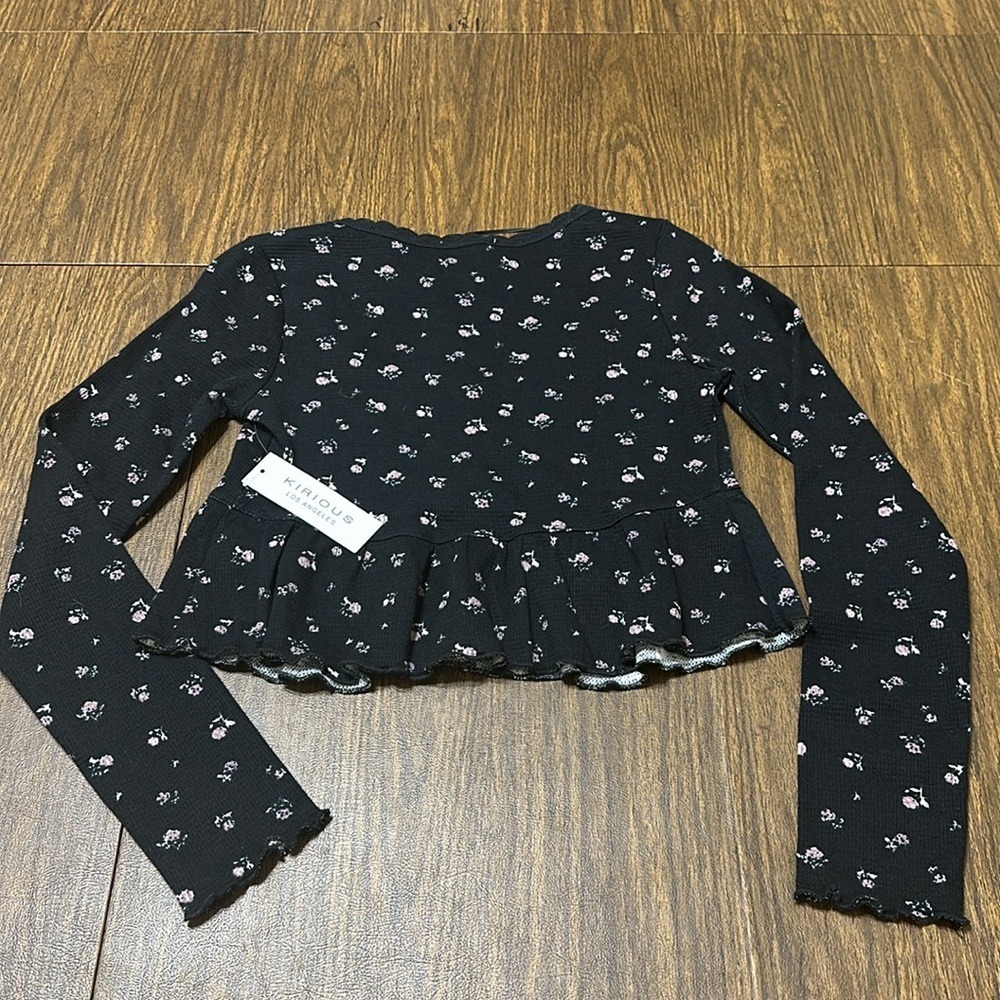 Kirious Los Angeles Black Floral Waffle Knit Peplum Top Long Sleeve KT10026 S - Picture 11 of 14